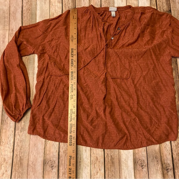 A•new Day Boho Style Women’s Sz L V-neck Shimmery Rust Rayon Drawstring Opt Top - Picture 2 of 10
